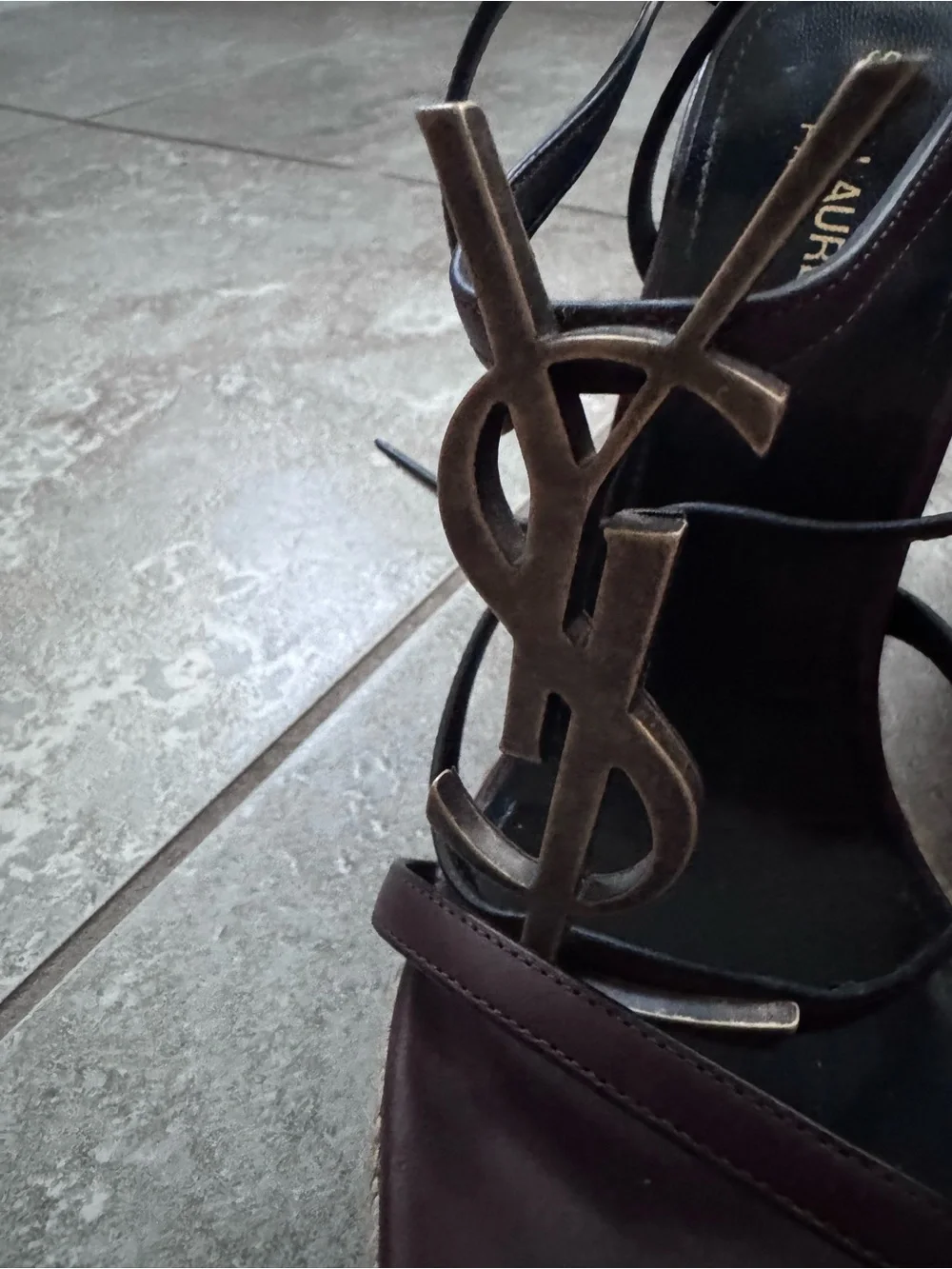 Saint Laurent Brown Leather YSL Logo Espadrille Wedge Sandals